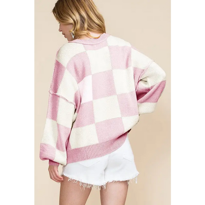 Checkered Bishop Sleeve Sweater.