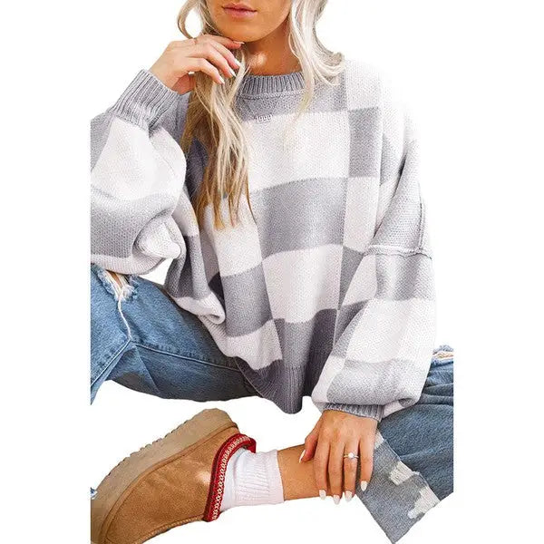 Checkered Bishop Sleeve Sweater.