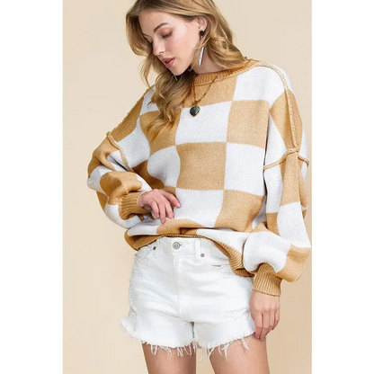 Checkered Bishop Sleeve Sweater.