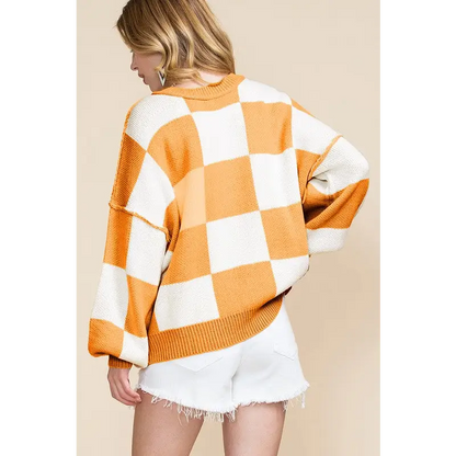 Checkered Bishop Sleeve Sweater.