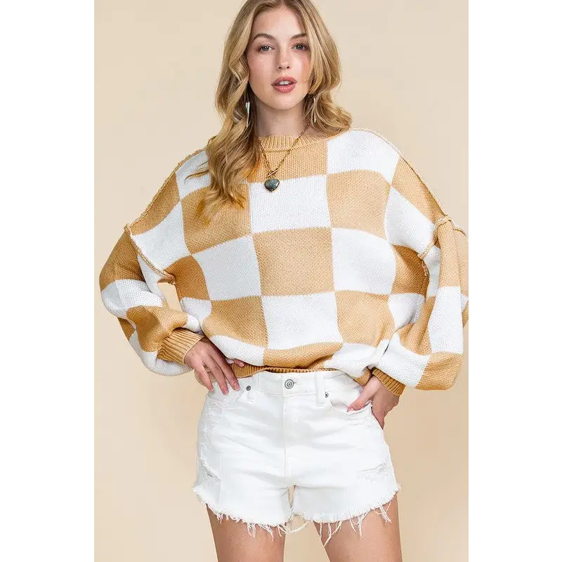 Checkered Bishop Sleeve Sweater.