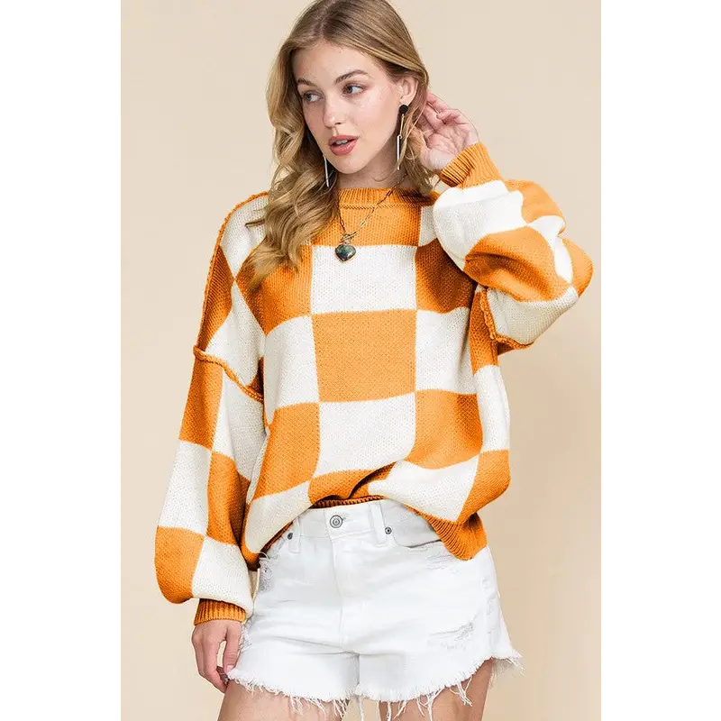 Checkered Bishop Sleeve Sweater.