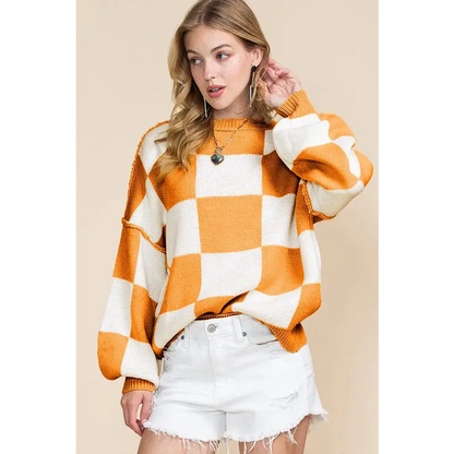 Checkered Bishop Sleeve Sweater.