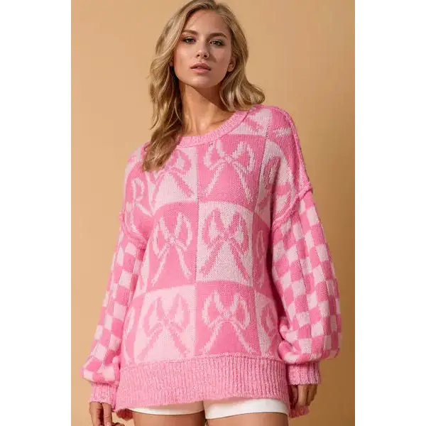 Checkered Bow Contrast Long Sleeve Sweater.