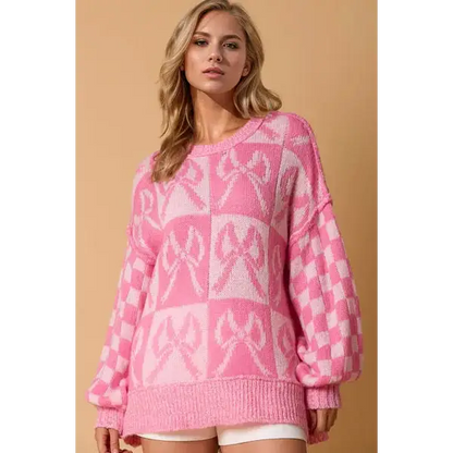 Checkered Bow Contrast Long Sleeve Sweater.
