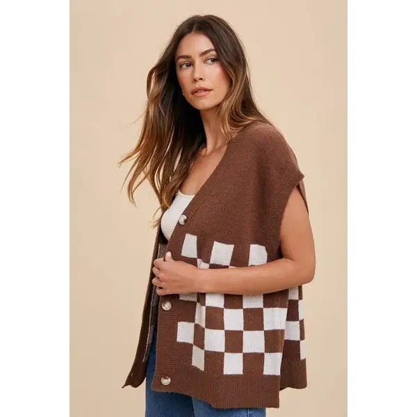 Checkered Button Down Short Sleeve Cardigan.
