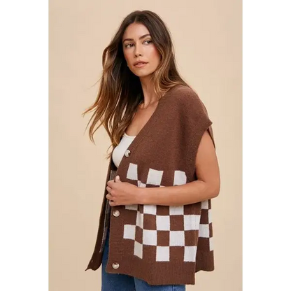 Checkered Button Down Short Sleeve Cardigan.