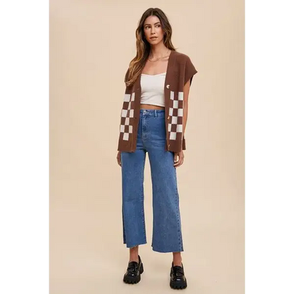 Checkered Button Down Short Sleeve Cardigan.
