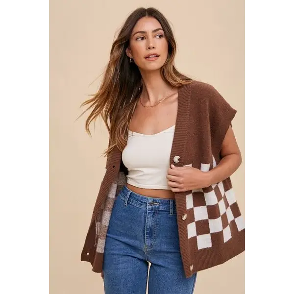Checkered Button Down Short Sleeve Cardigan.
