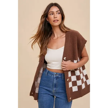 Checkered Button Down Short Sleeve Cardigan.