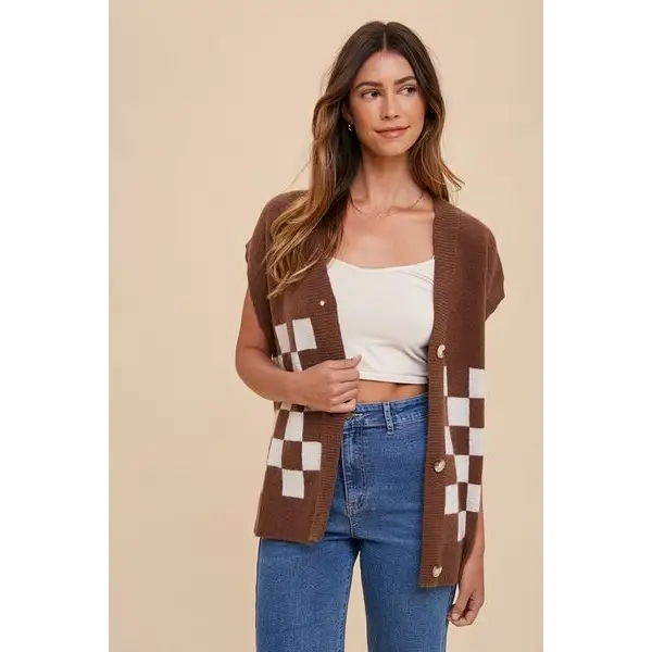 Checkered Button Down Short Sleeve Cardigan.