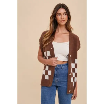 Checkered Button Down Short Sleeve Cardigan.