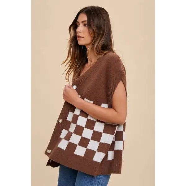 Checkered Button Down Short Sleeve Cardigan.