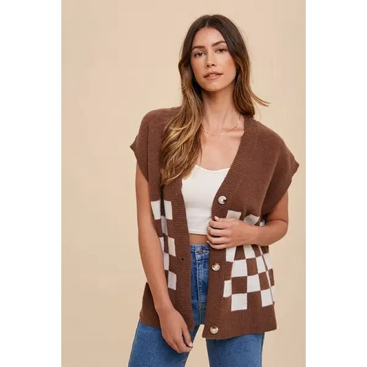 Checkered Button Down Short Sleeve Cardigan.