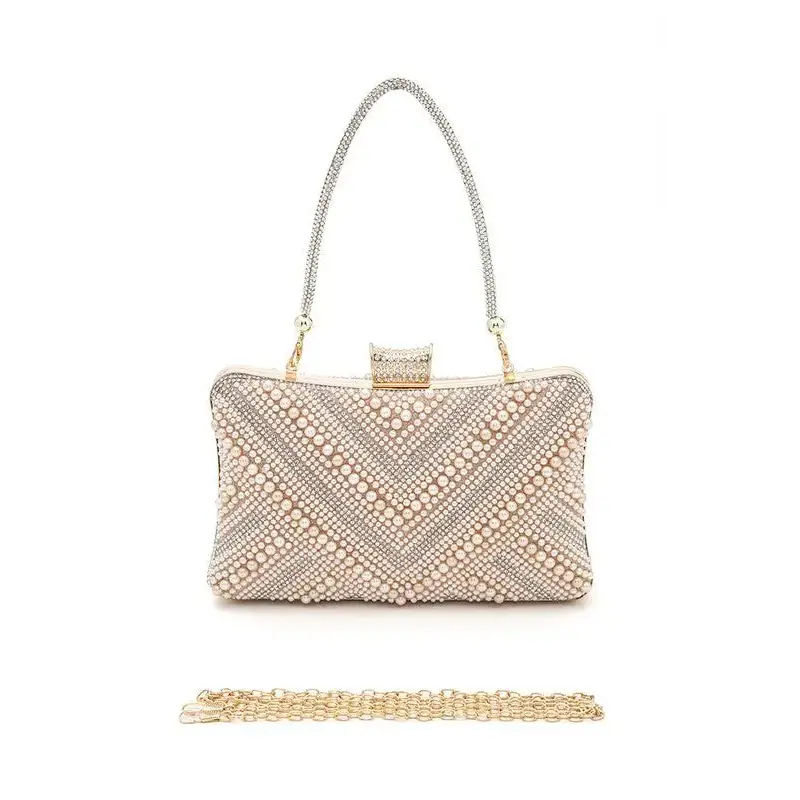 Chevron Pearl Rhinestone Convertible Box Clutch.
