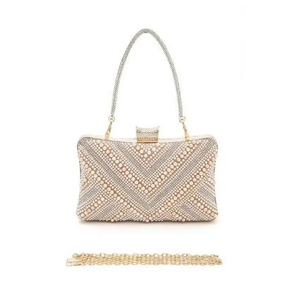 Chevron Pearl Rhinestone Convertible Box Clutch.