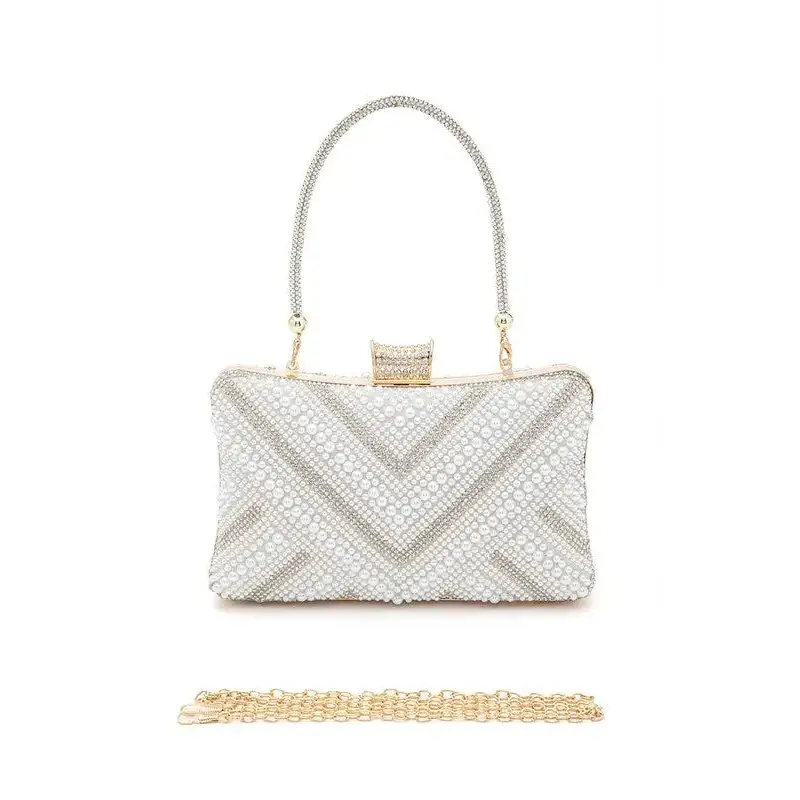 Chevron Pearl Rhinestone Convertible Box Clutch.