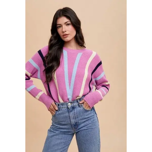 Chevron Stripe Round Neck Ribbed Sweater.