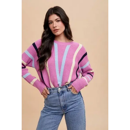 Chevron Stripe Round Neck Ribbed Sweater.
