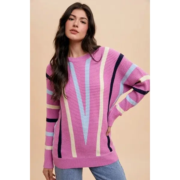 Chevron Stripe Round Neck Ribbed Sweater.