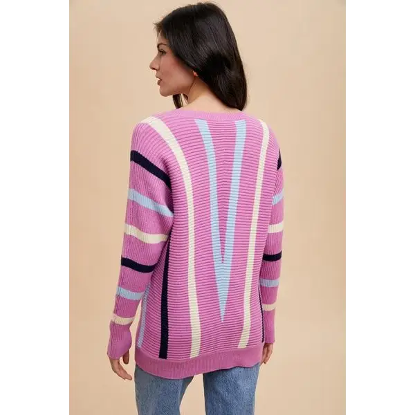 Chevron Stripe Round Neck Ribbed Sweater.