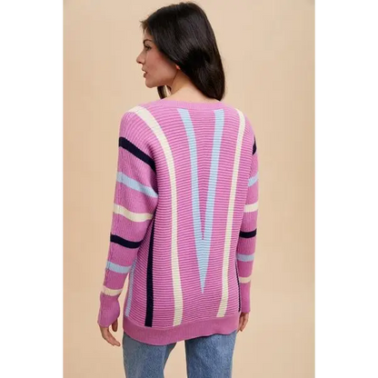 Chevron Stripe Round Neck Ribbed Sweater.