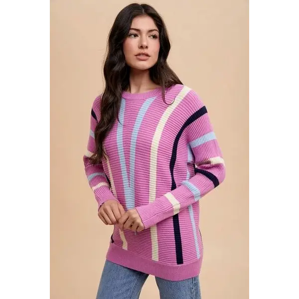 Chevron Stripe Round Neck Ribbed Sweater.