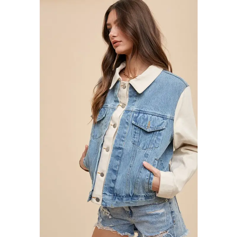 Collared Neck Double Placket Denim Jacket.