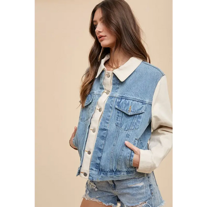 Collared Neck Double Placket Denim Jacket.