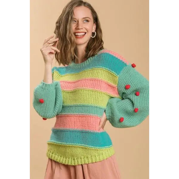 Color Block Cable Knit Sweater with Pom Pom.