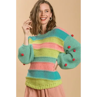 Color Block Cable Knit Sweater with Pom Pom.