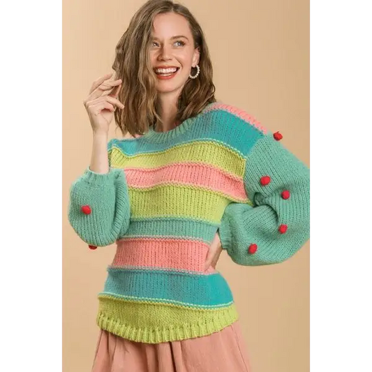 Color Block Cable Knit Sweater with Pom Pom.