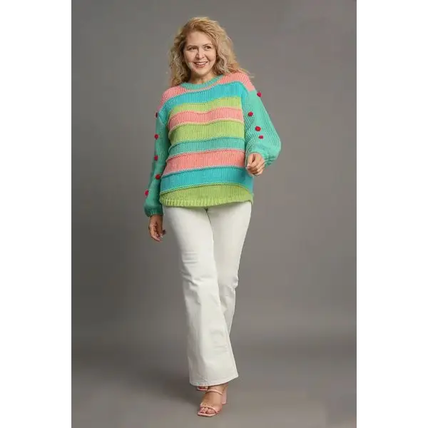 Color Block Cable Knit Sweater with Pom Pom.