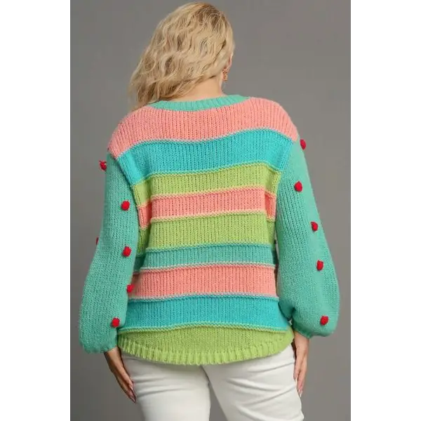 Color Block Cable Knit Sweater with Pom Pom.