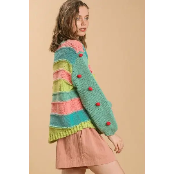 Color Block Cable Knit Sweater with Pom Pom.