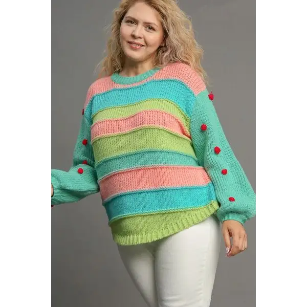 Color Block Cable Knit Sweater with Pom Pom.