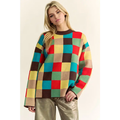 Color Block Checkered Dropped Shoulder Sweater.