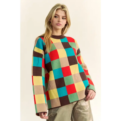 Color Block Checkered Dropped Shoulder Sweater.
