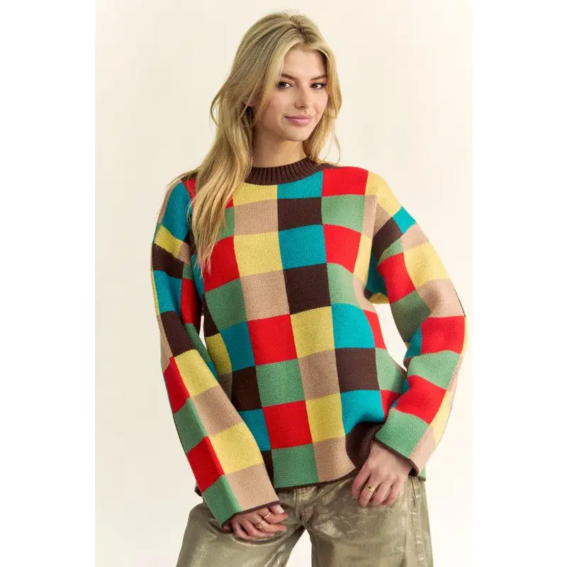 Color Block Checkered Dropped Shoulder Sweater.