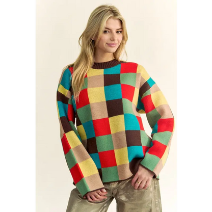 Color Block Checkered Dropped Shoulder Sweater.