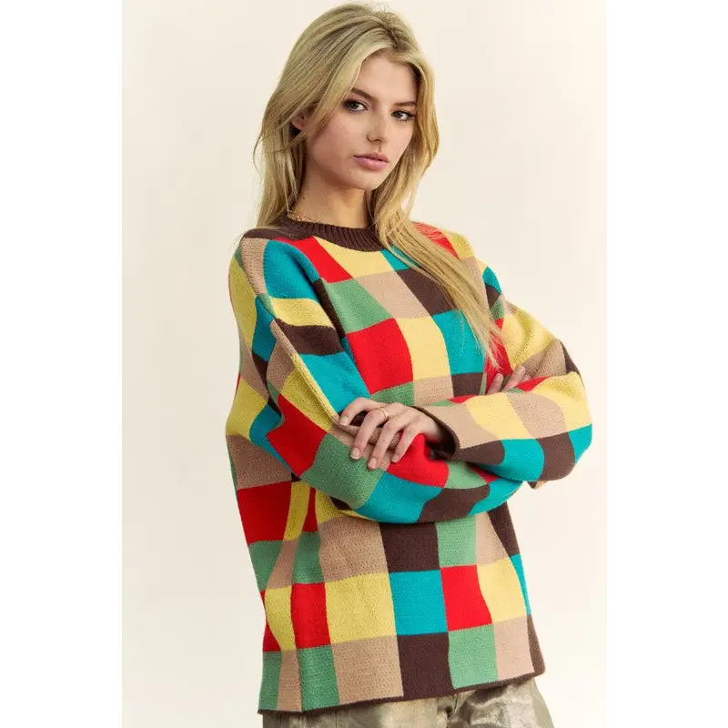 Color Block Checkered Dropped Shoulder Sweater.