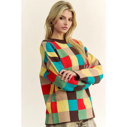 Color Block Checkered Dropped Shoulder Sweater.