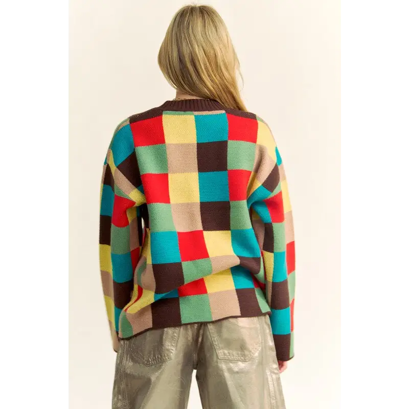 Color Block Checkered Dropped Shoulder Sweater.