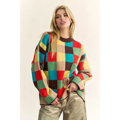 Color Block Checkered Dropped Shoulder Sweater.