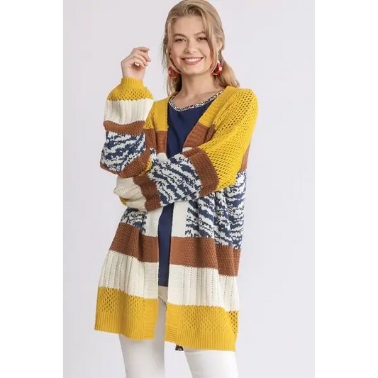 Color Block Open Front Longline Cardigan.