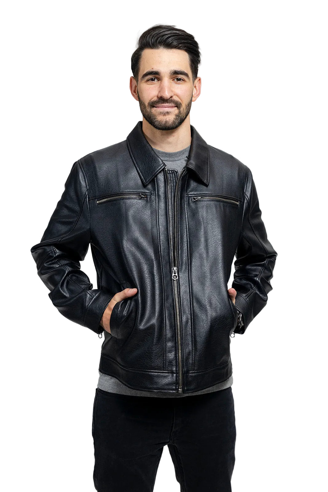 Man wearing a black leather jacket on a light gray background