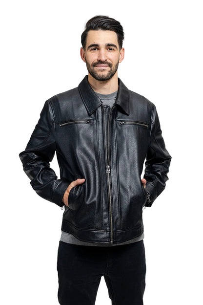 Man wearing a black leather jacket on a light gray background
