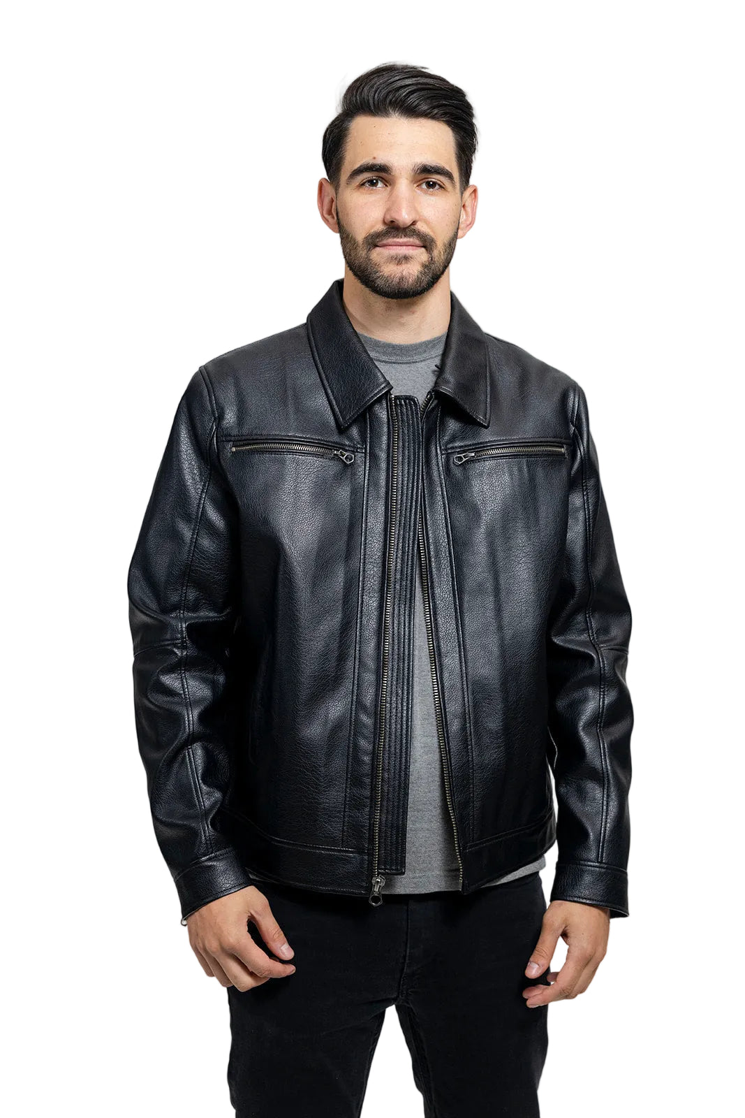 Man wearing a black leather jacket on a light gray background