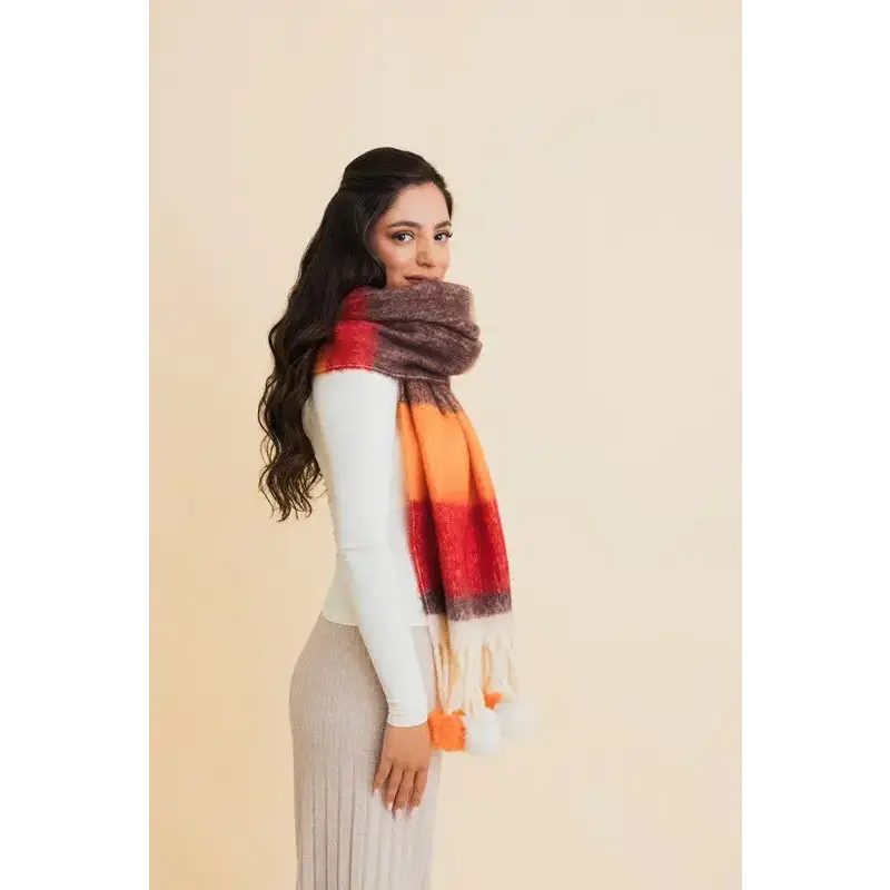 Contrast Color Stripes Chunky Pom Tassel Scarf.