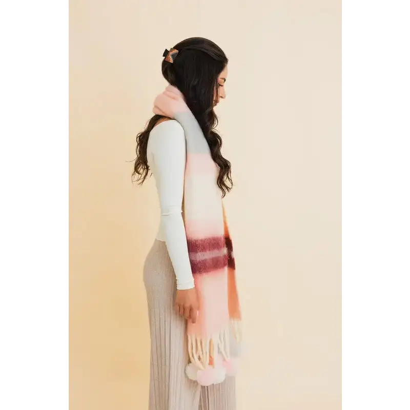 Contrast Color Stripes Chunky Pom Tassel Scarf.
